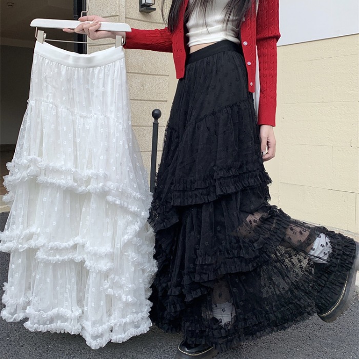 2025 春季减龄高腰蓬蓬裙法式蕾丝半身裙白色蛋糕裙A字长裙