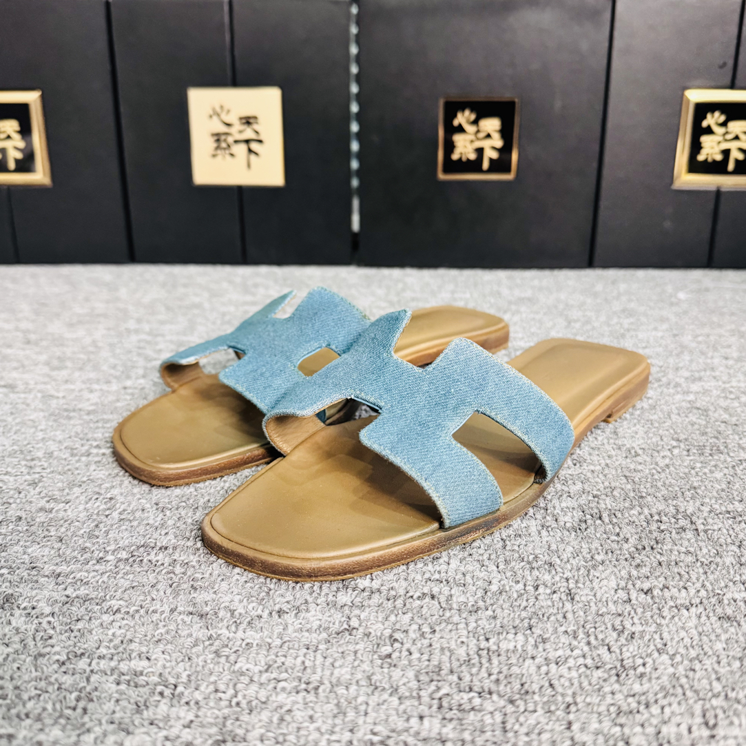 95新 Hermes/爱马仕 牛仔H拖鞋38码ysc4597