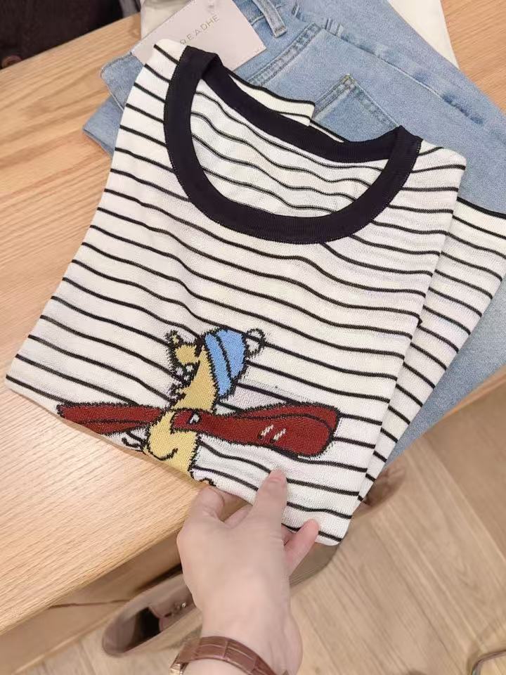 七言家 巨好看！卡通滑板小狗黑白条纹短袖