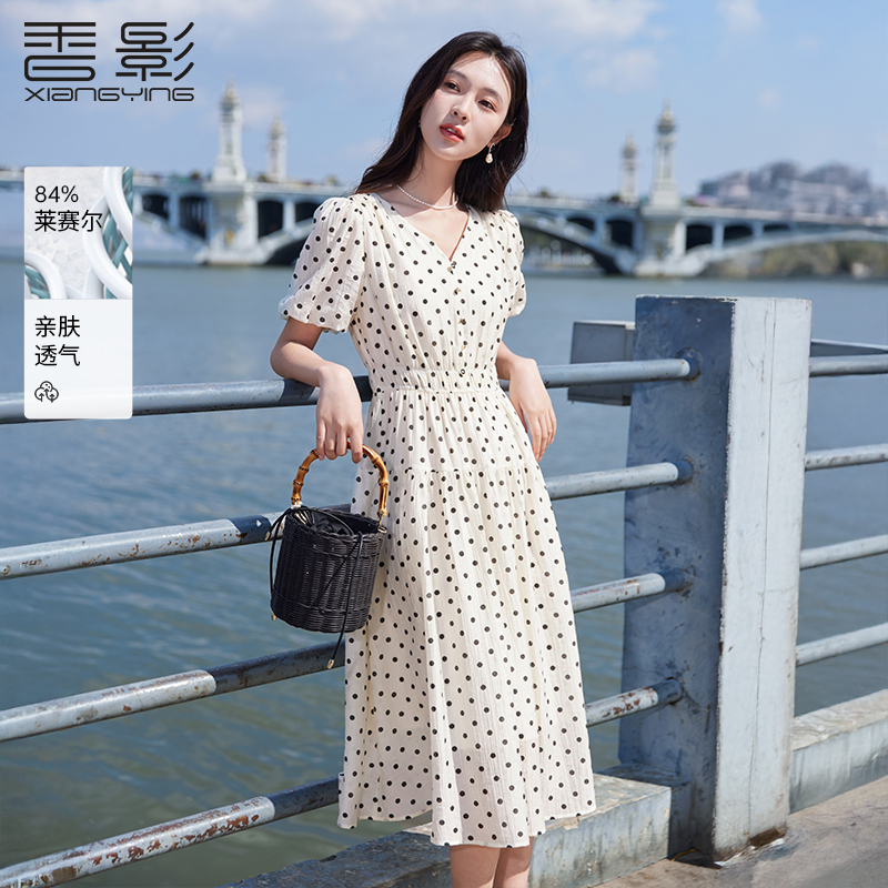 【重百粉丝专属】L85S155连衣裙 香影法式波点v领连衣裙女夏装新款