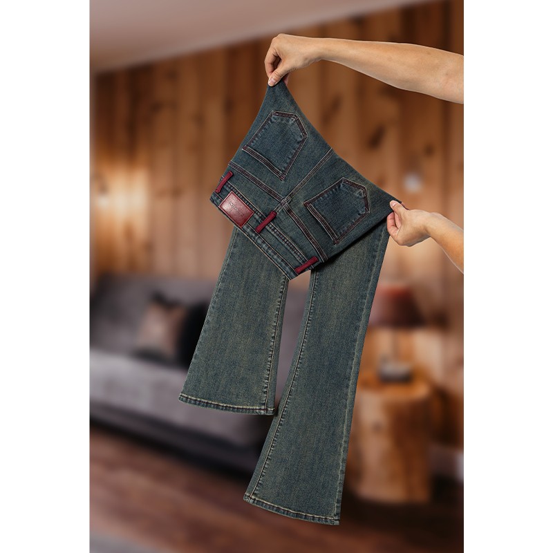 春季新品美式复古高腰安可拉红微喇叭牛仔裤女修身弹力喇叭马蹄裤