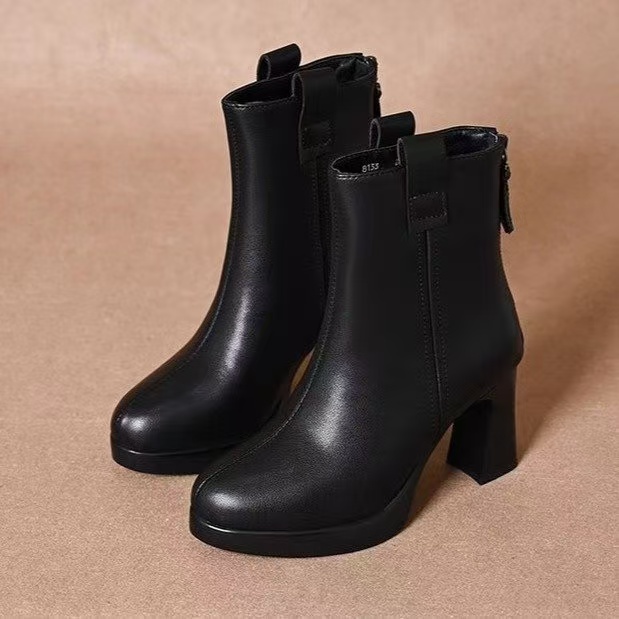 秋冬新款高跟鞋时尚百搭粗跟真皮中跟圆头英伦