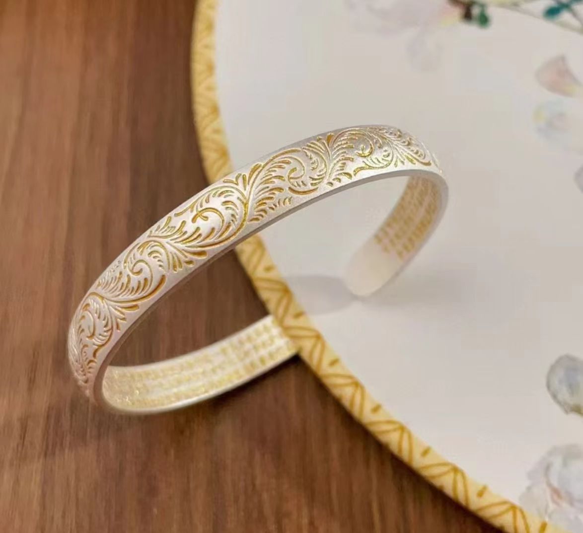 足银手镯 足银9999复古鎏金唐草纹内刻心经描金开口送女友银手镯