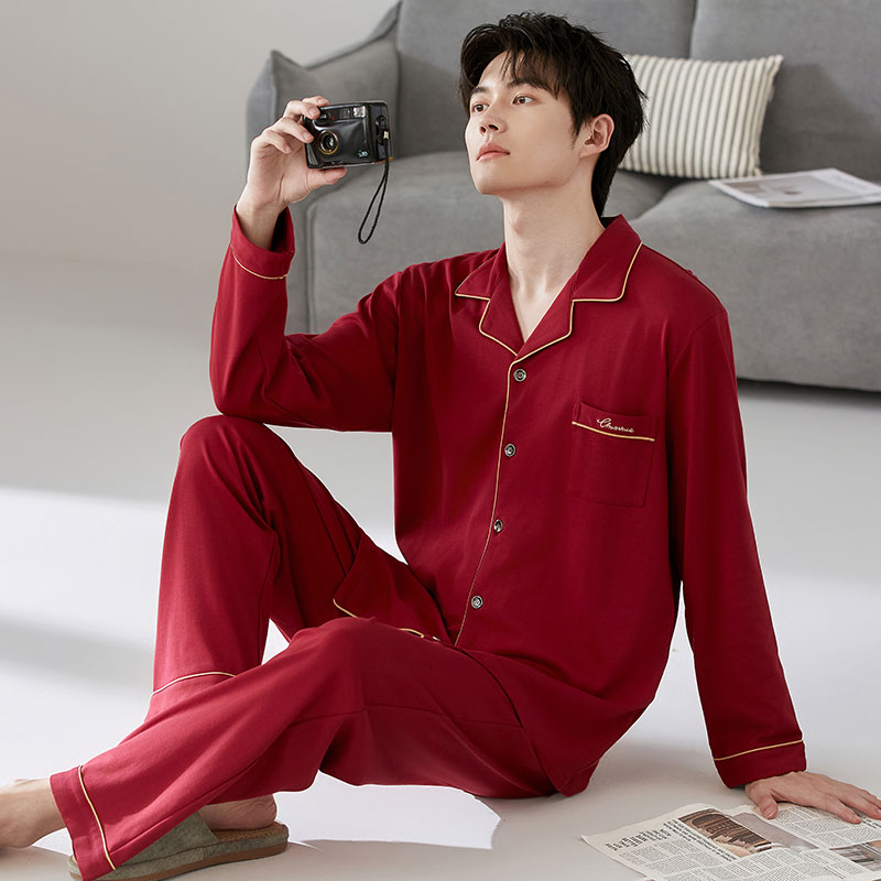100%纯棉睡衣长袖喜庆鸿运本命年红色春秋款加肥加大码男款家居服