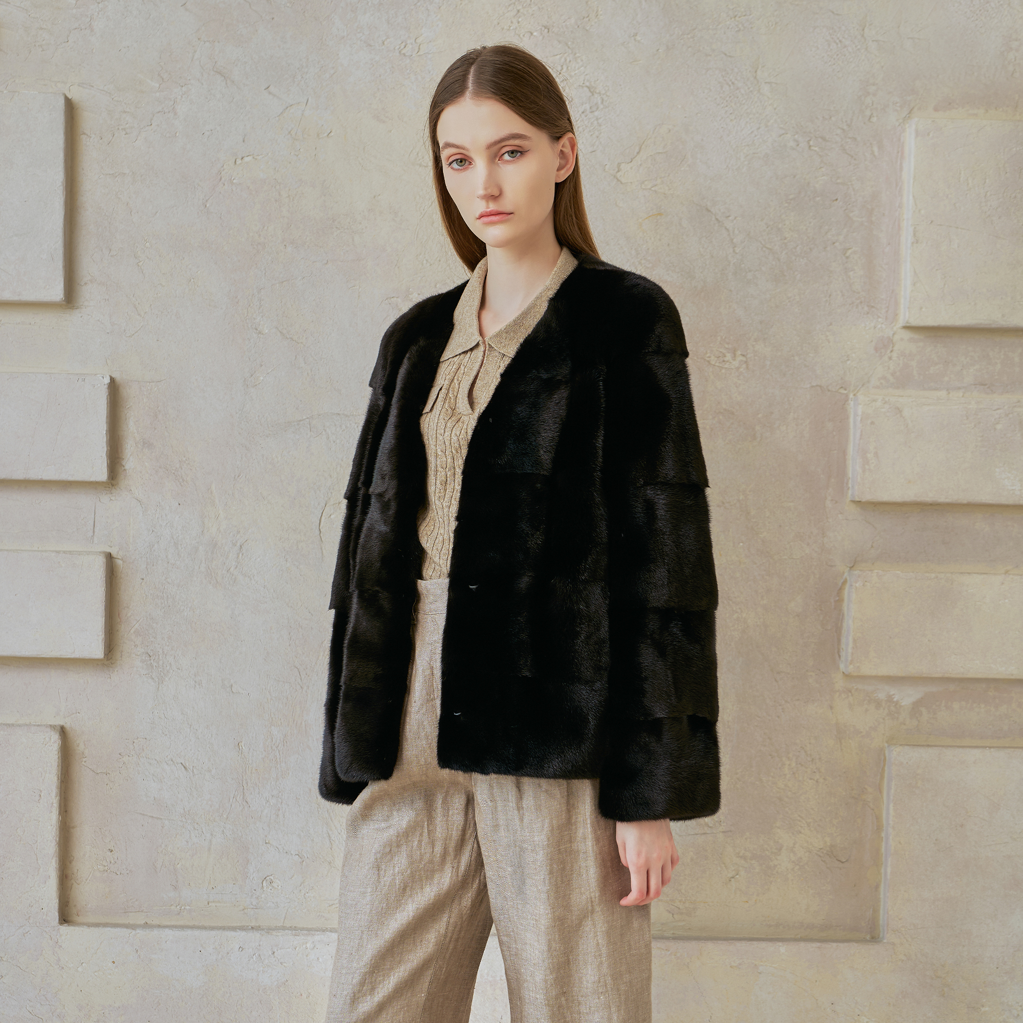 lolo皮草 MKA5617 欧洲进口宝嘉美水貂V领黑貂外套休闲百搭皮草女