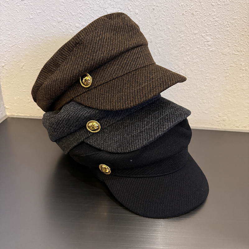 fever同款英伦复古金扣羊毛报童帽女2024秋冬季新款八角画家帽子