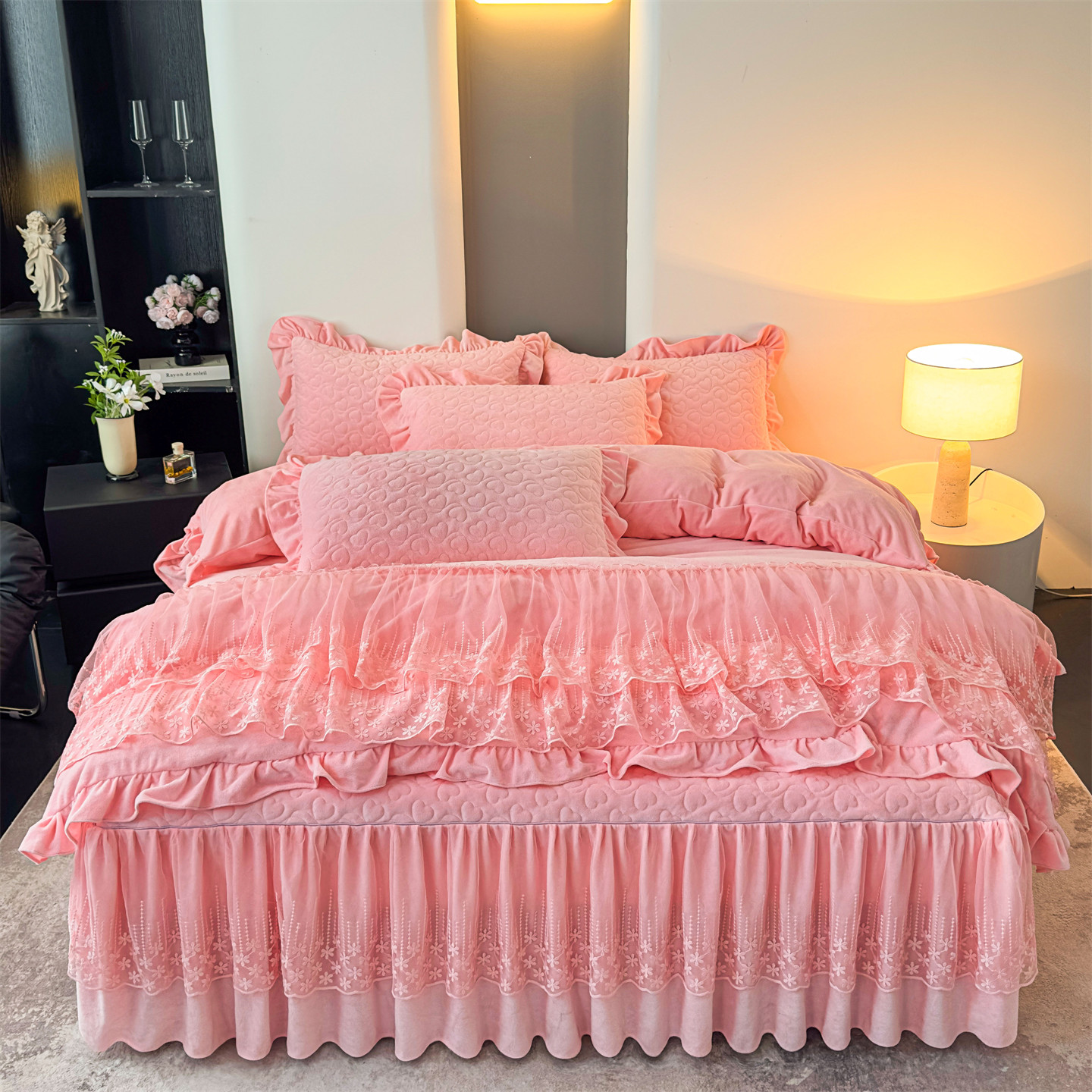 爱」宝宝绒夹棉床裙款四件套冬季保暖防寒防静电公主风纯色床裙