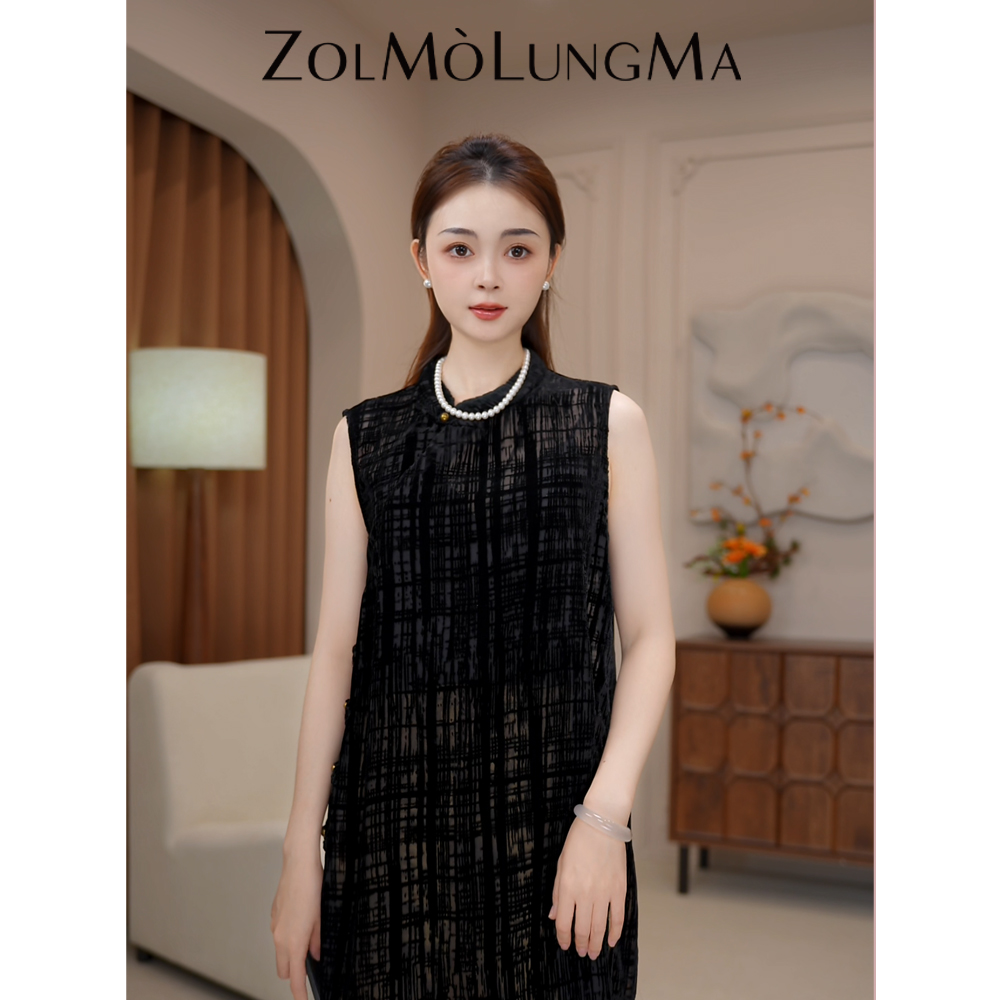 ZOLMO LUNGMA【织序】新中式国风女装中长款真丝圆领短袖提花上衣