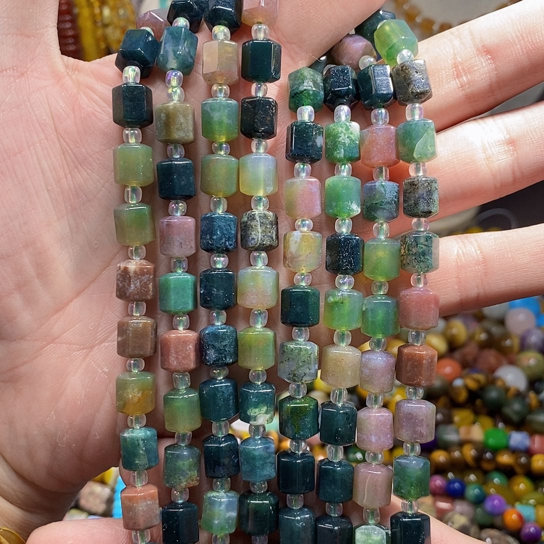 石英质玉未镶嵌，水草玛瑙切面桶珠9×10mm，
