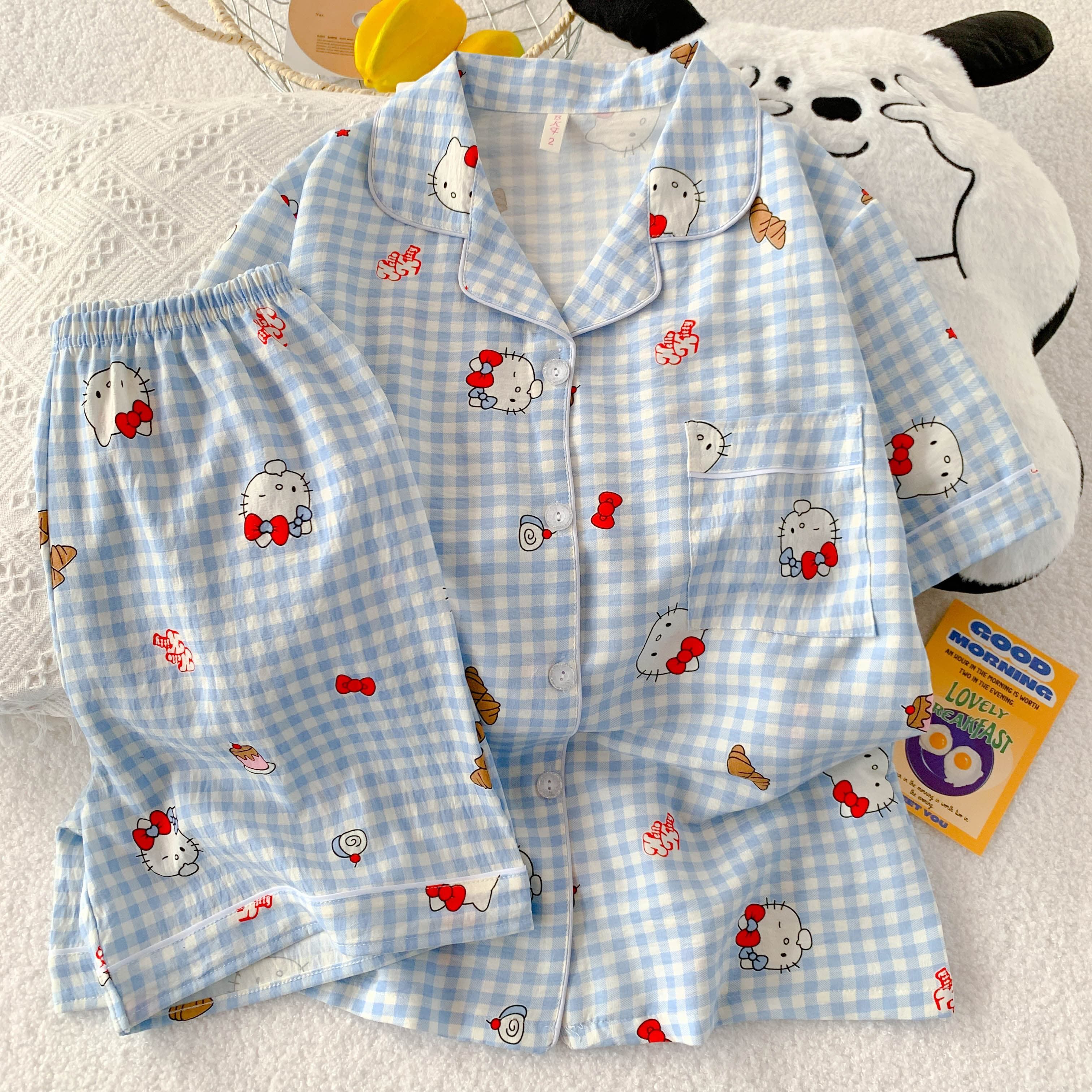 『蓝格KT猫』短袖夏季新款卡通休闲舒适甜美可爱开衫少女家居服睡衣