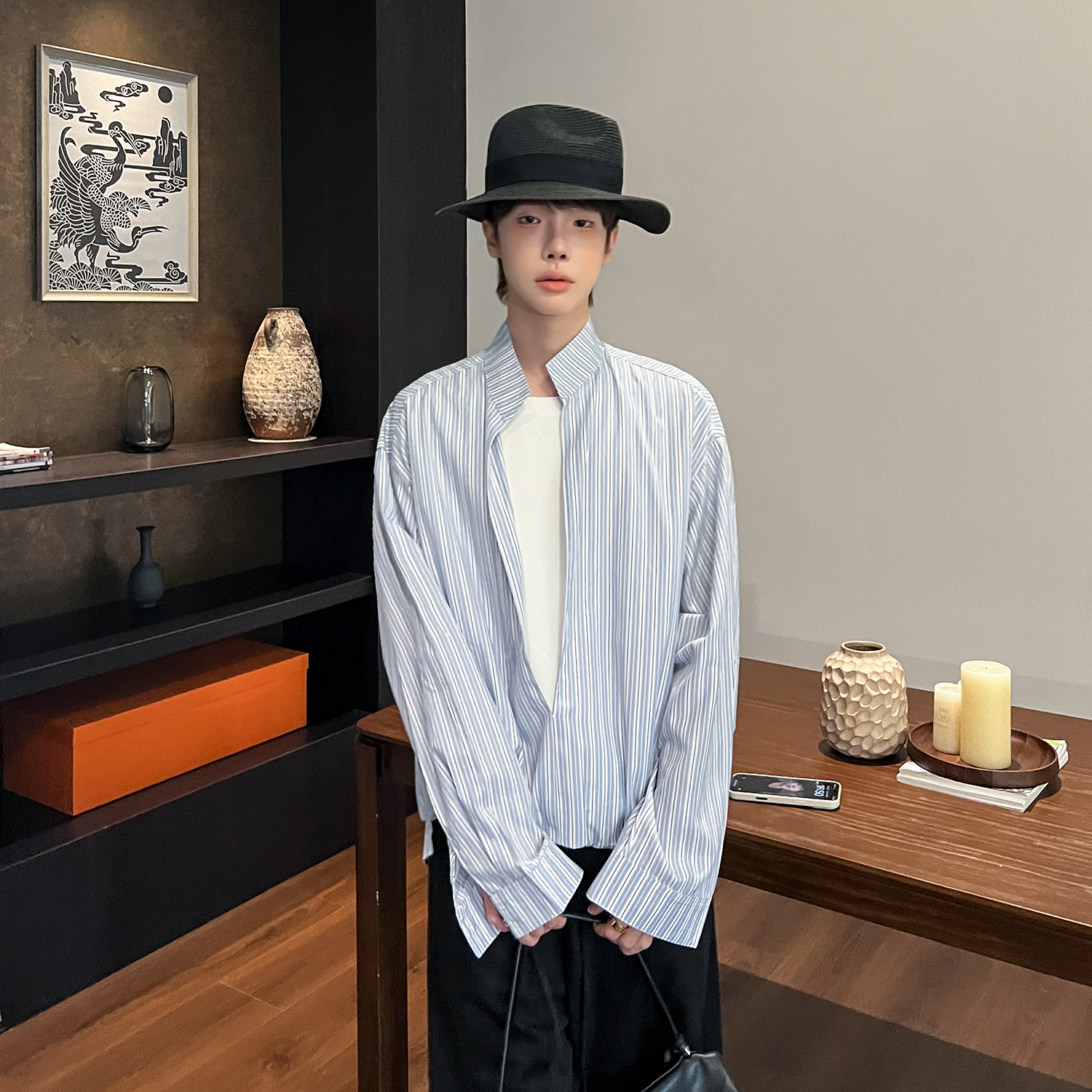 高林凡 早秋的第一件衬衫简约假两件拼接设计感条纹男宽松衬衣