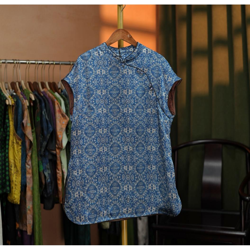 {梦瓷}新中式中长裙夏季显瘦宽松圆领连衣裙气质国风旗袍裙背心裙