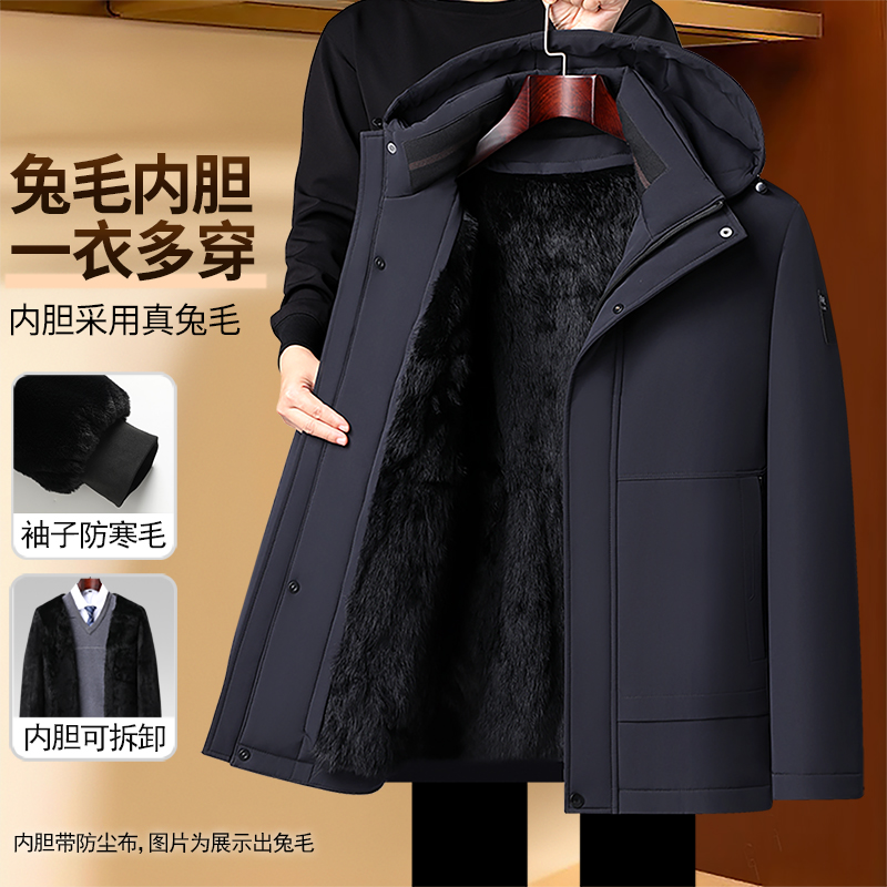 【兔毛内胆袖子加绒】可拆卸男士冬装派克棉服加厚中老年爸爸装棉衣