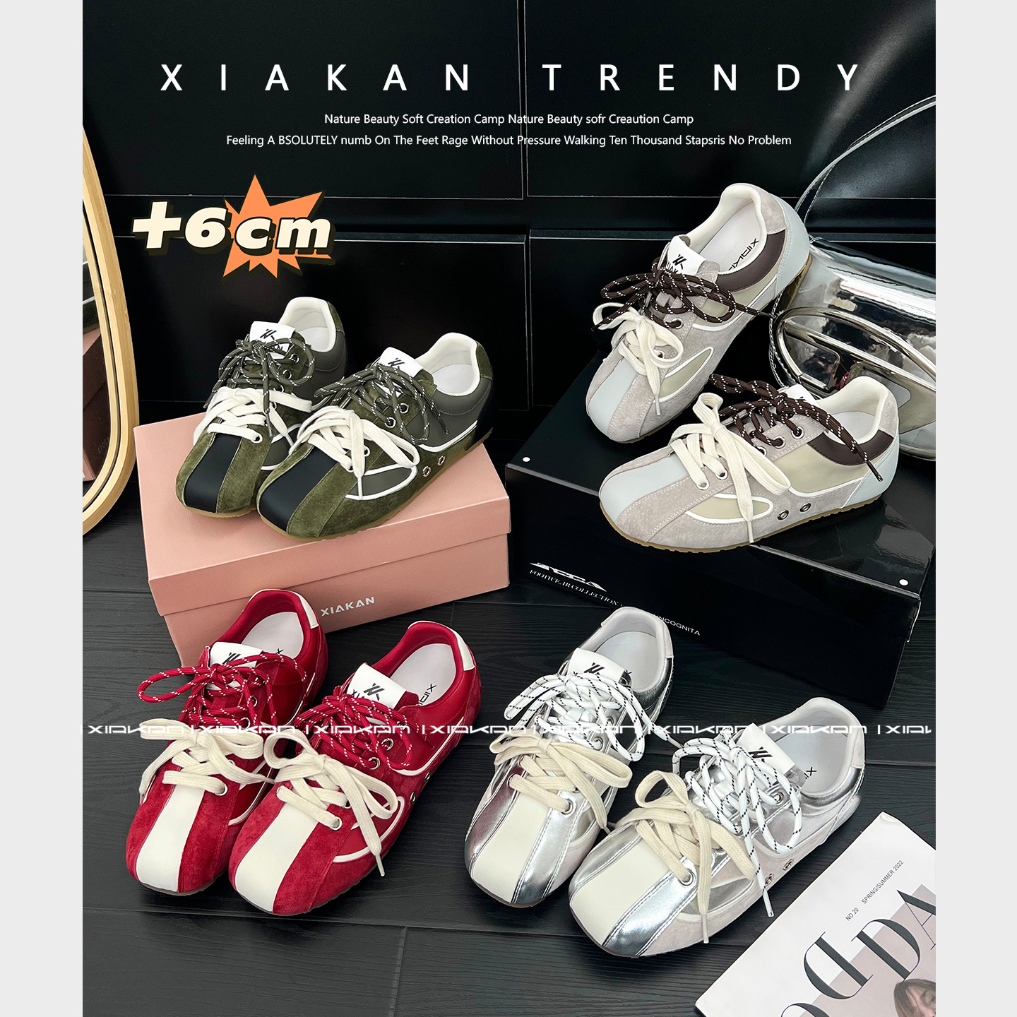  XIAKAN  现货内增高6cm复古德训鞋女百搭运动休闲鞋阿甘鞋