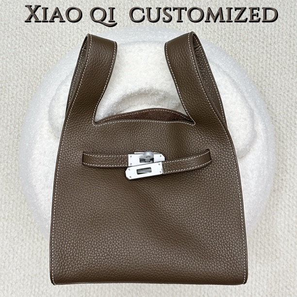 Xiao Qi头层牛皮粉色菜篮子个性时尚背心手提包单肩斜挎小众高质