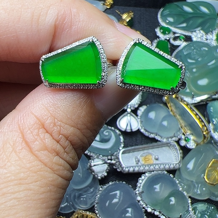 爱***儿翡翠18K金镶嵌耳饰