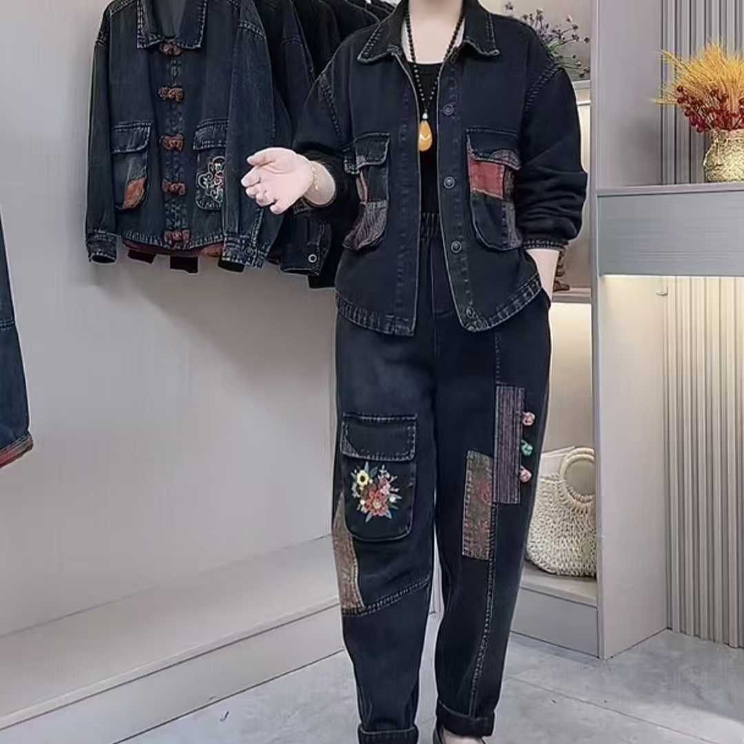 新款水洗牛仔套装宽松遮肉显瘦适合春秋季节穿着909