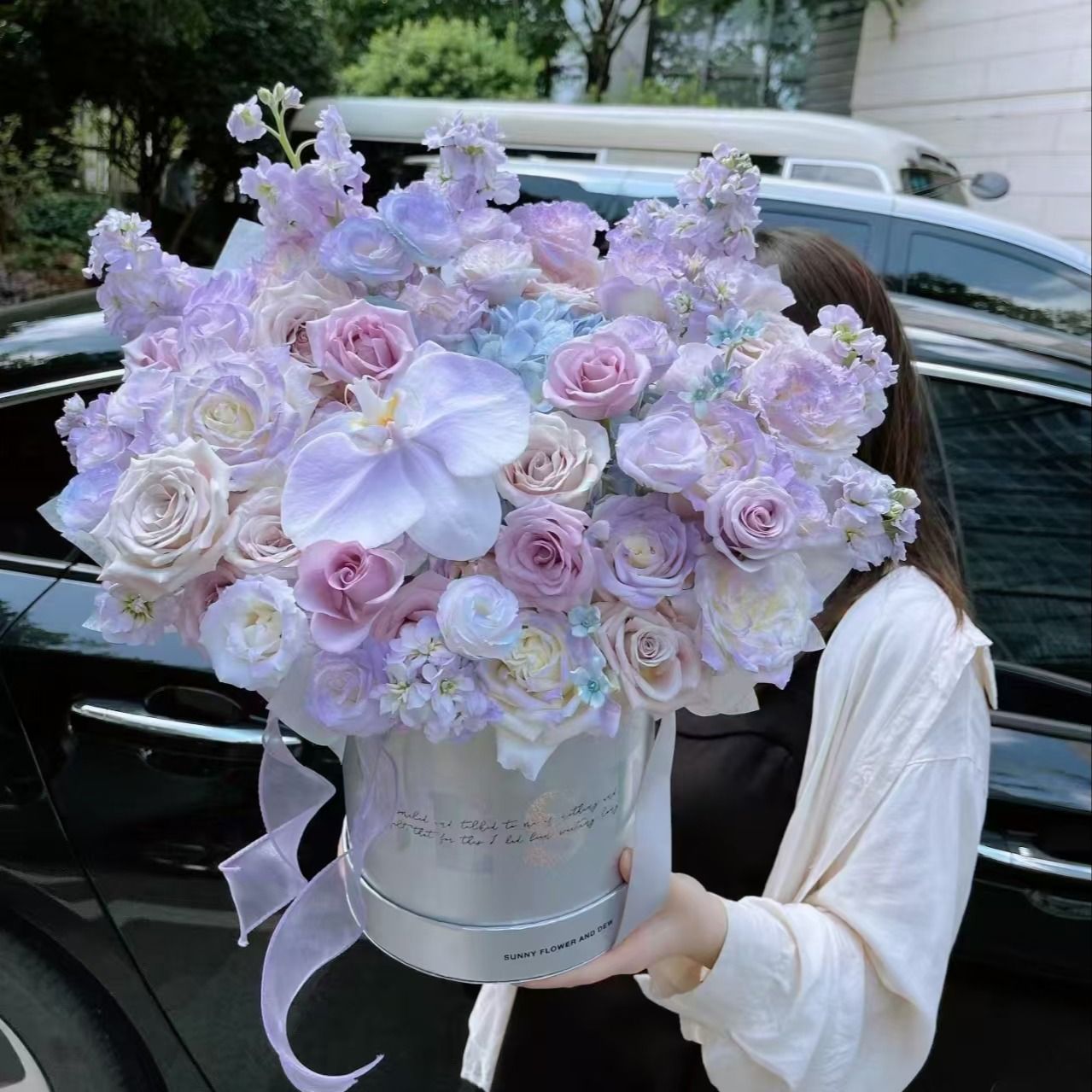 【流影花园】11朵紫玫瑰蝴蝶兰紫罗兰混搭抱抱桶花束生日花束送朋友闺蜜爱人女友花店送货上门