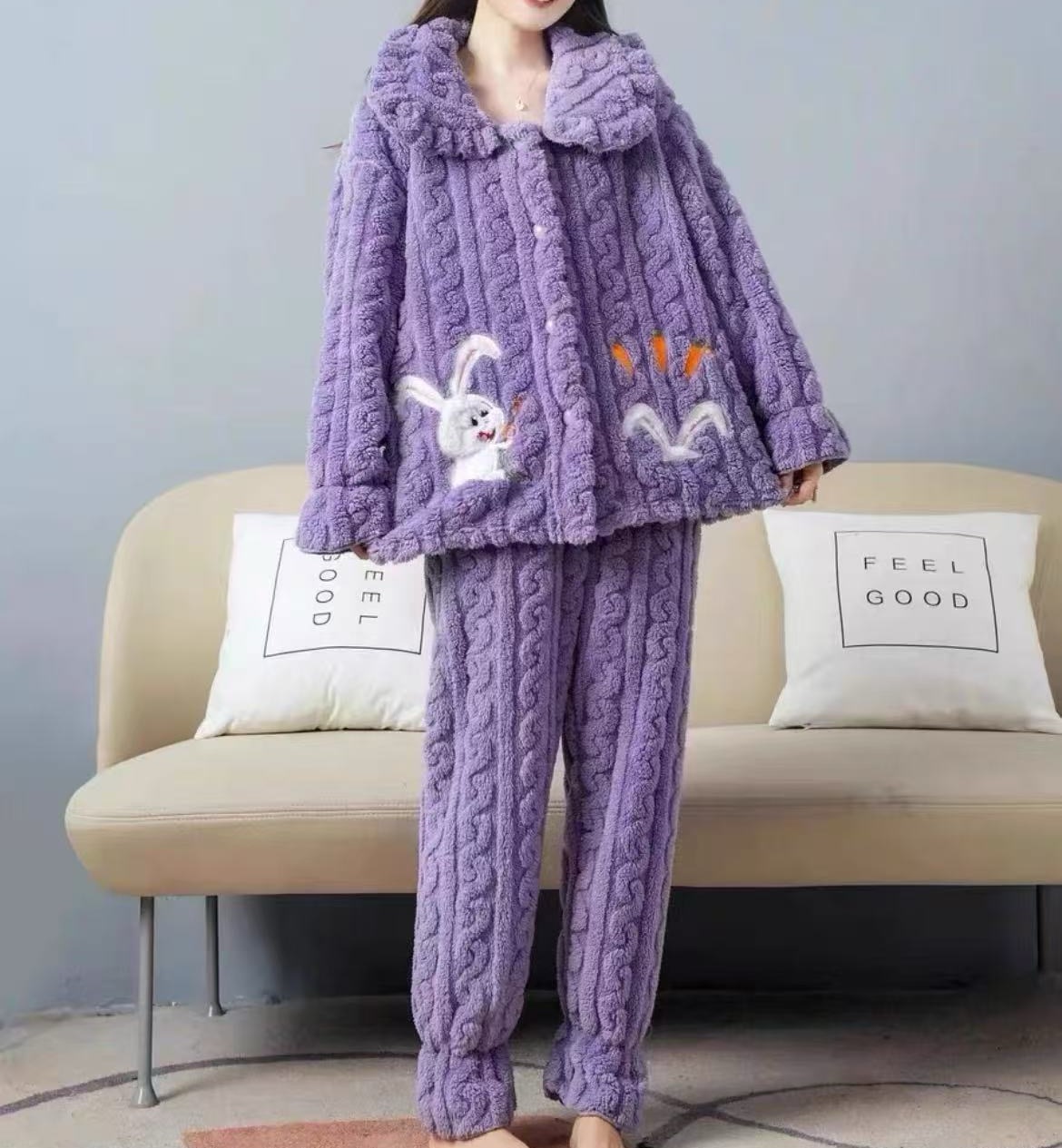 147#珊瑚绒睡衣女冬季加绒加厚紫色兔子家居服套装