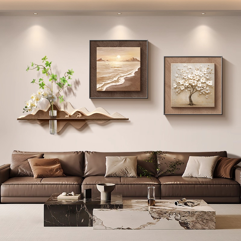 中古风客厅大白墙装饰画高级感复古海浪沙发背景墙挂画风景三联画