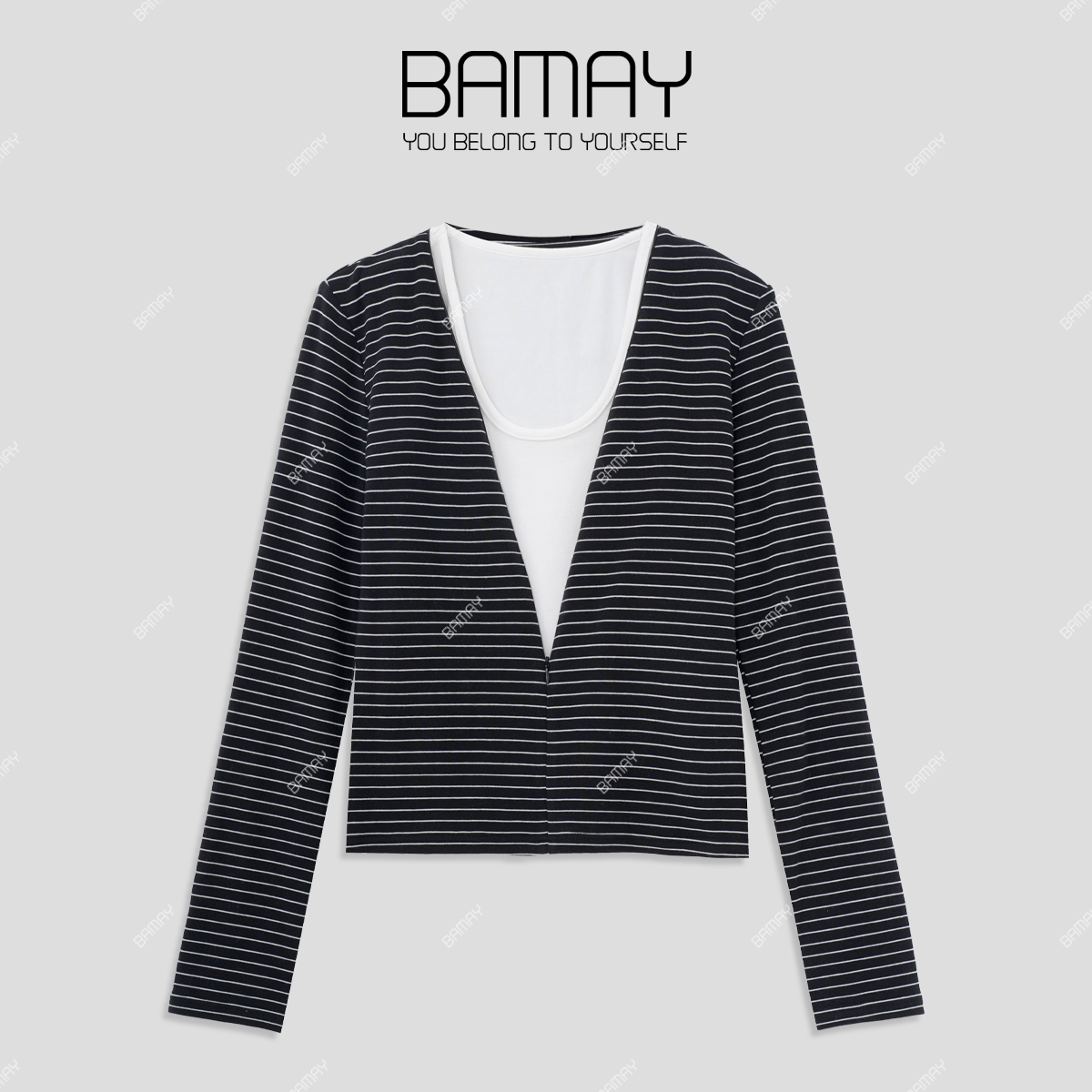 【BAMAY】2025春季新款撞色条纹V领长袖打底简约设计感BM251TZ004CM