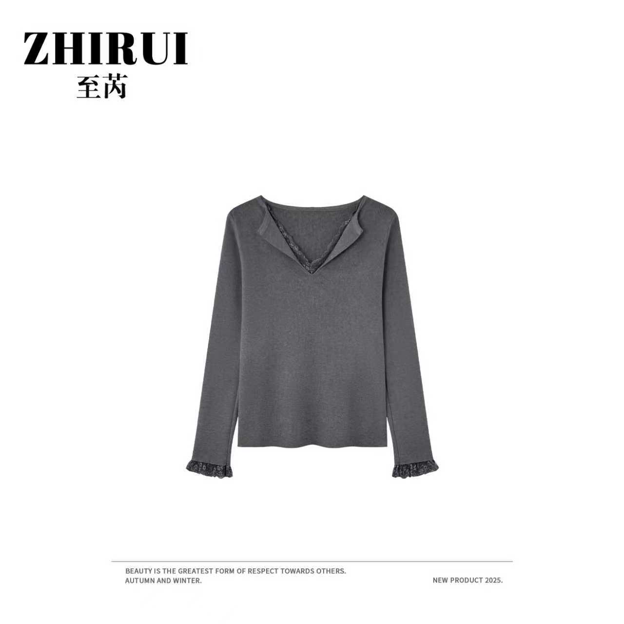 至芮 新款拼接气质V领蕾丝套头针织衫秋冬时尚百搭上衣02A3