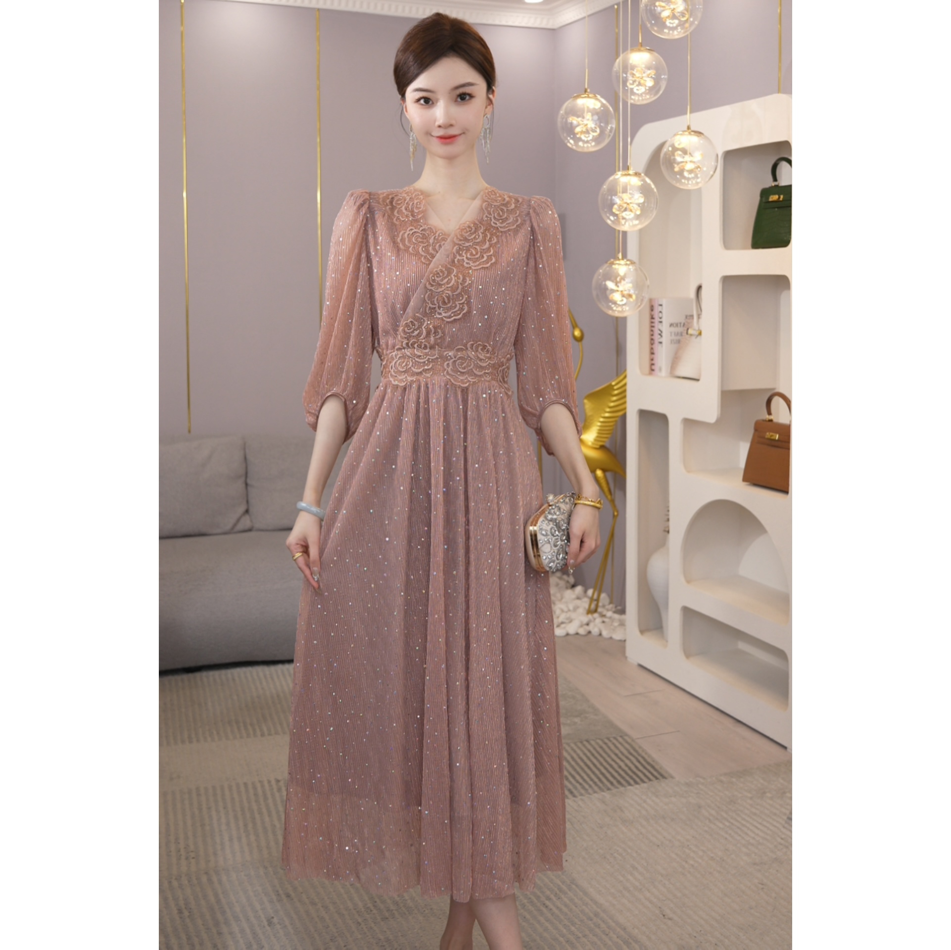 夏季新款【LT-1038】法式轻奢高级感V领立体刺绣喜妈妈婚宴装连衣裙