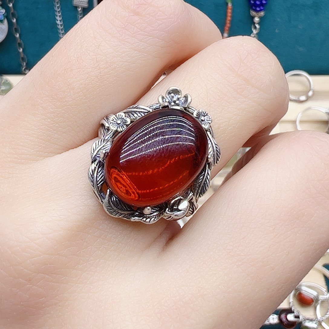 血珀戒指银S925镶嵌天然
