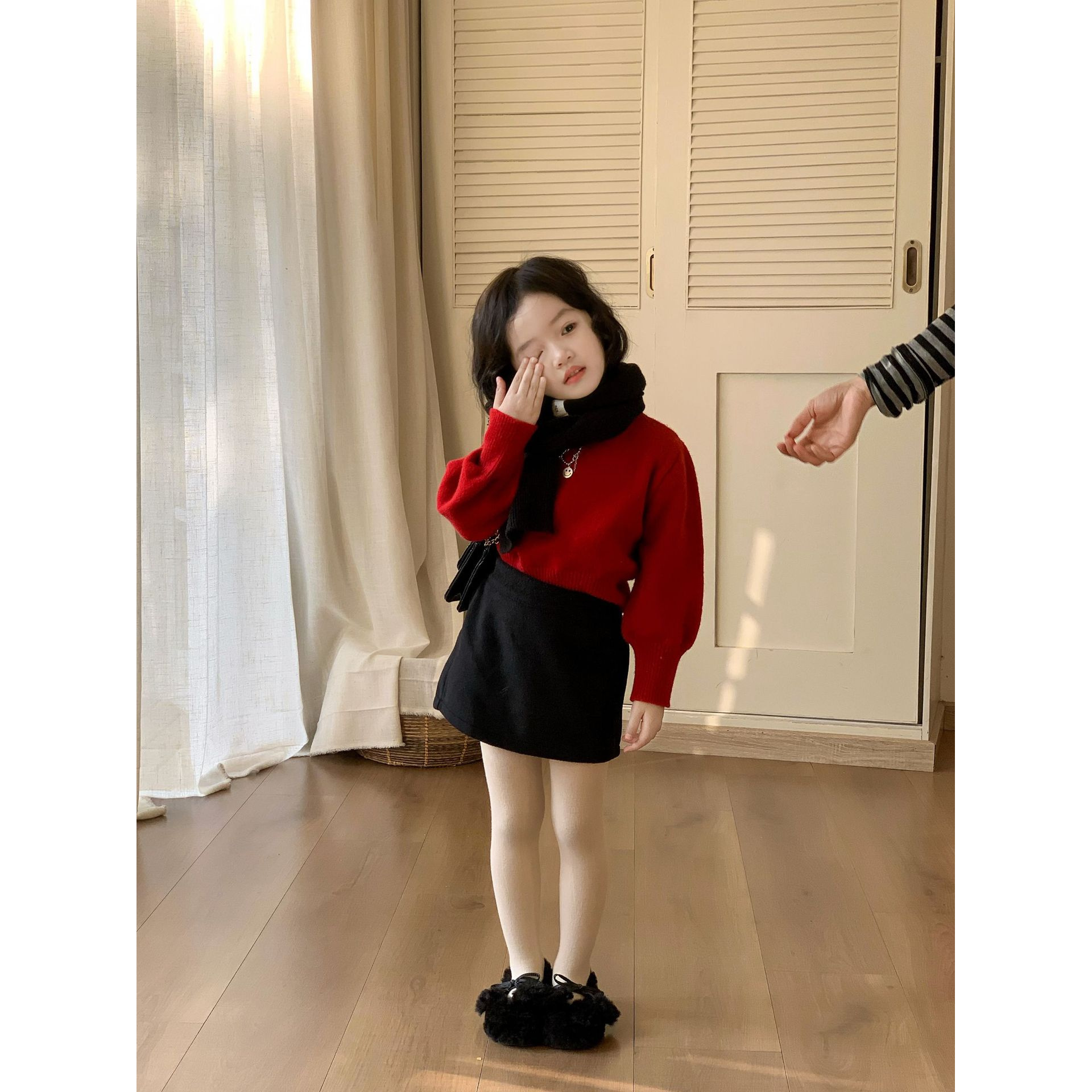 Bmy2025wt 冬季新款女童复古针织衫灯笼袖毛衣保暖毛呢半身裙套装