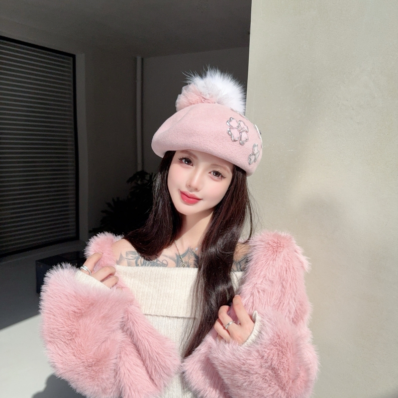 CREAMPP 原创唯美四叶草钉珠花狐狸毛蕾丝花球羊毛蓬松淑女贝雷帽