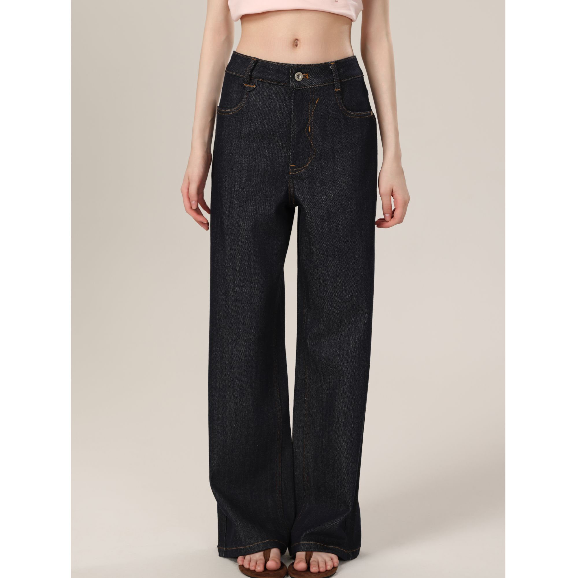 Mardi高腰丹宁风直筒裤薄款休闲裤复古阔腿裤牛仔裤裤子黑色MS045