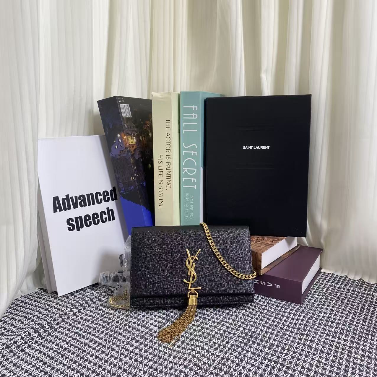 99新 YSL/圣罗兰 黑色经典kate链条包斜挎包单肩包