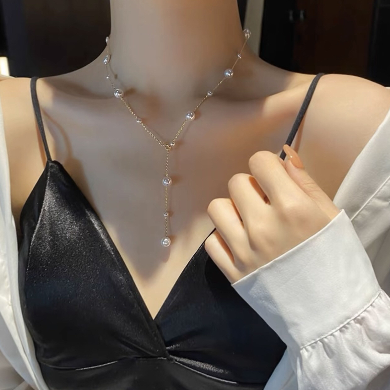 钛钢仿珍珠项链 一链五戴满天星珠珠项链女款百搭锁骨链毛衣链S