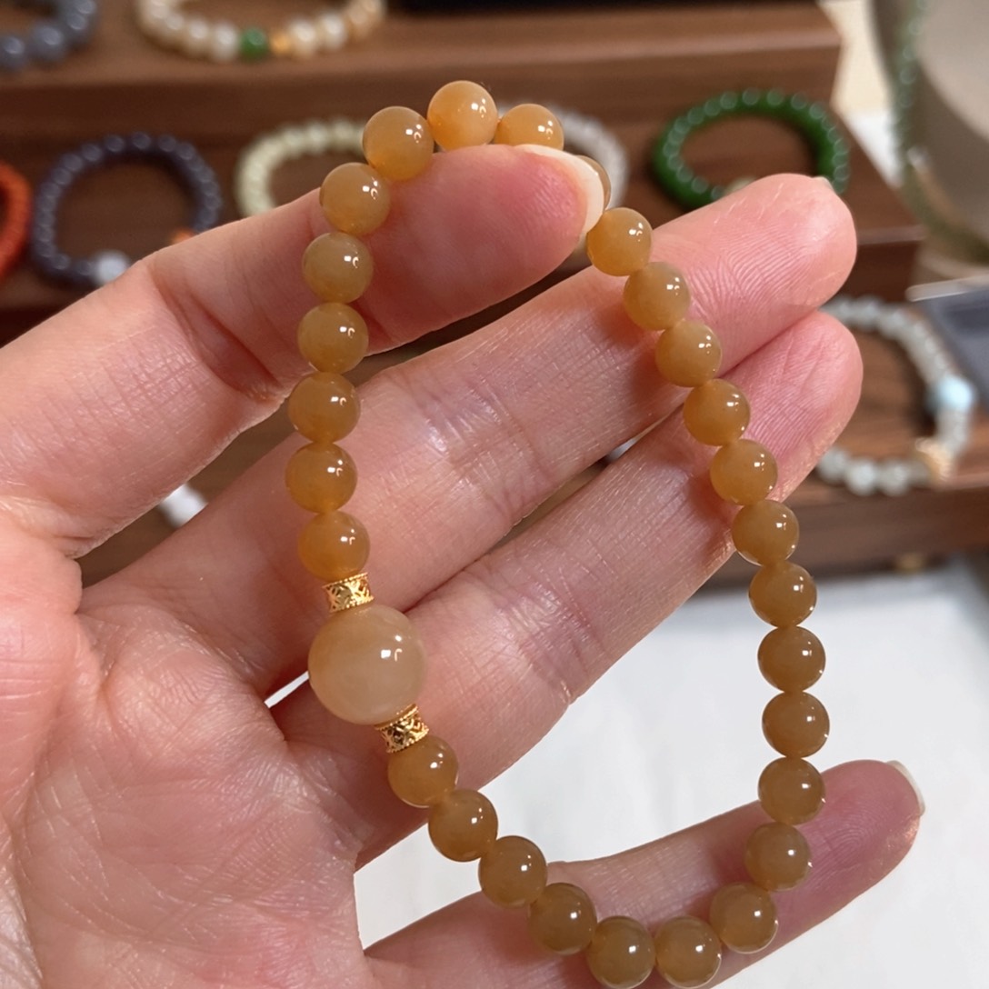 和田玉手链银S925镶嵌6mm且末糖