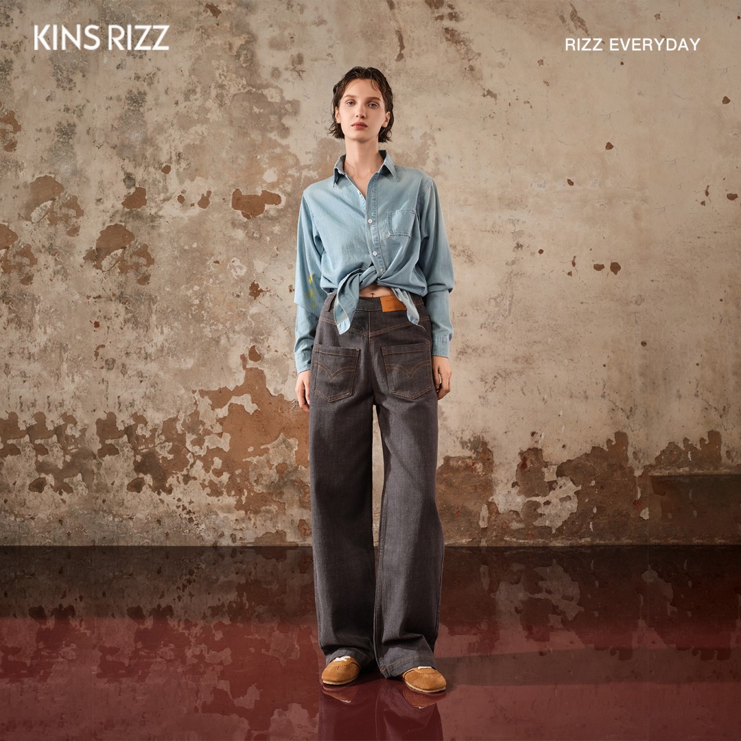 KINSRIZZ睿自风深灰竹节解构多面可穿秋季棉莱卡直筒阔腿牛仔裤