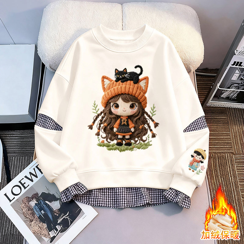 女童2025新款假两件拼接秋冬季保暖加绒洋气时尚中大童百搭卫衣