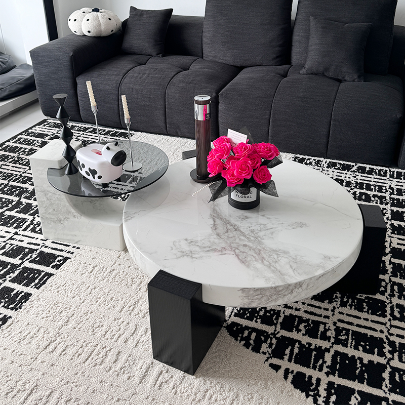 意式极简网红桌大理石茶几客厅家用小户型简约现代圆形玻璃茶几