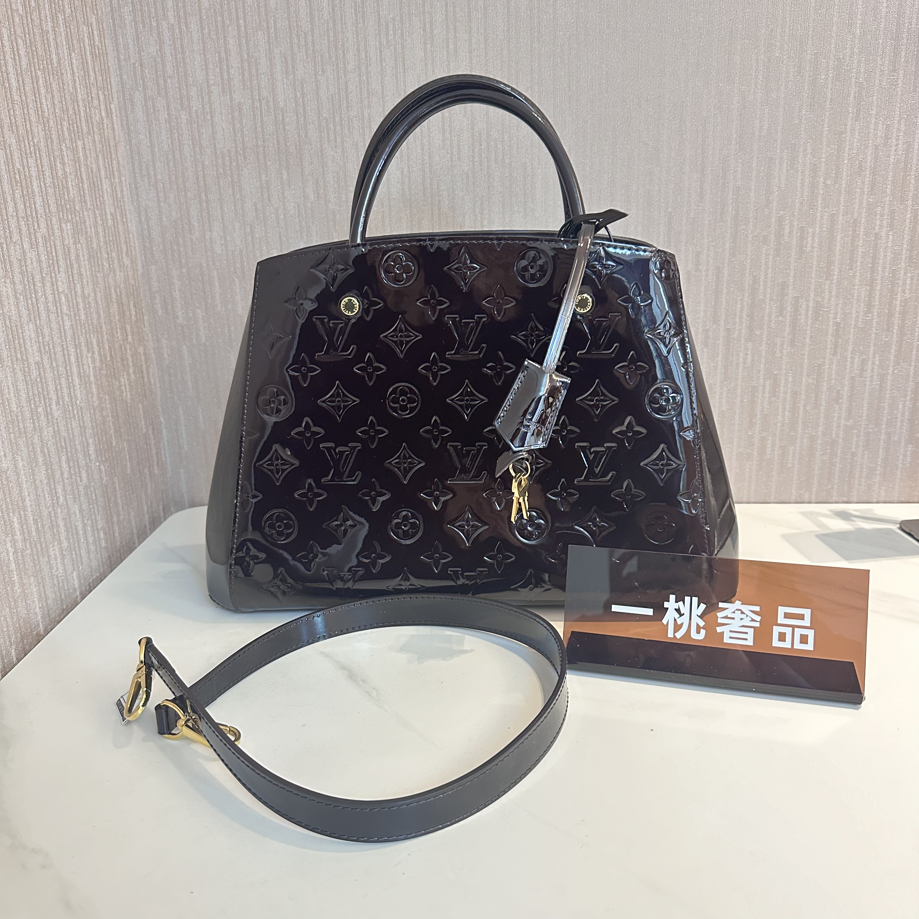 95新 LV 一桃/lv 漆皮车厘子色蒙田手提