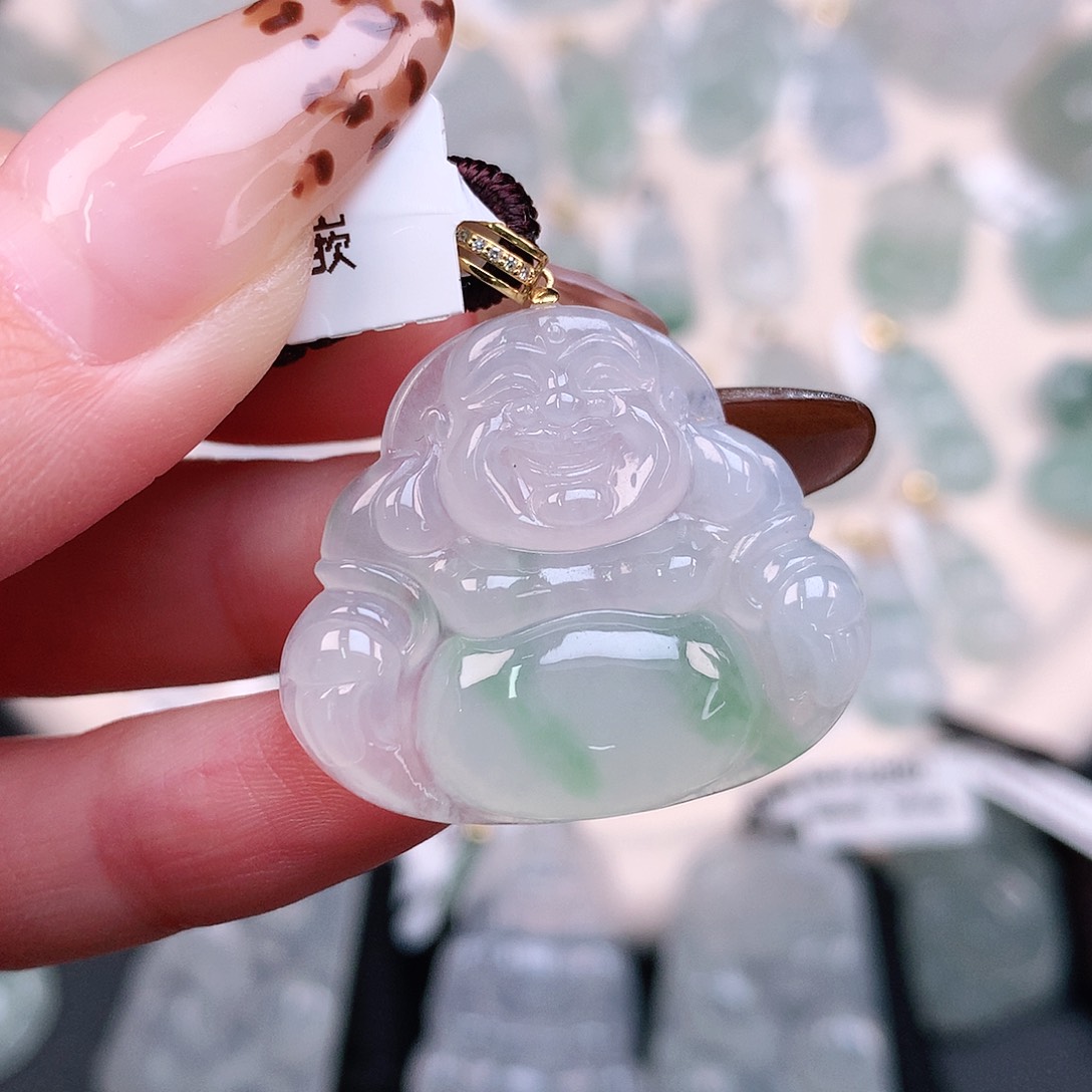 翡翠颈饰18K金镶嵌飘花佛33，26、30.6、5.7