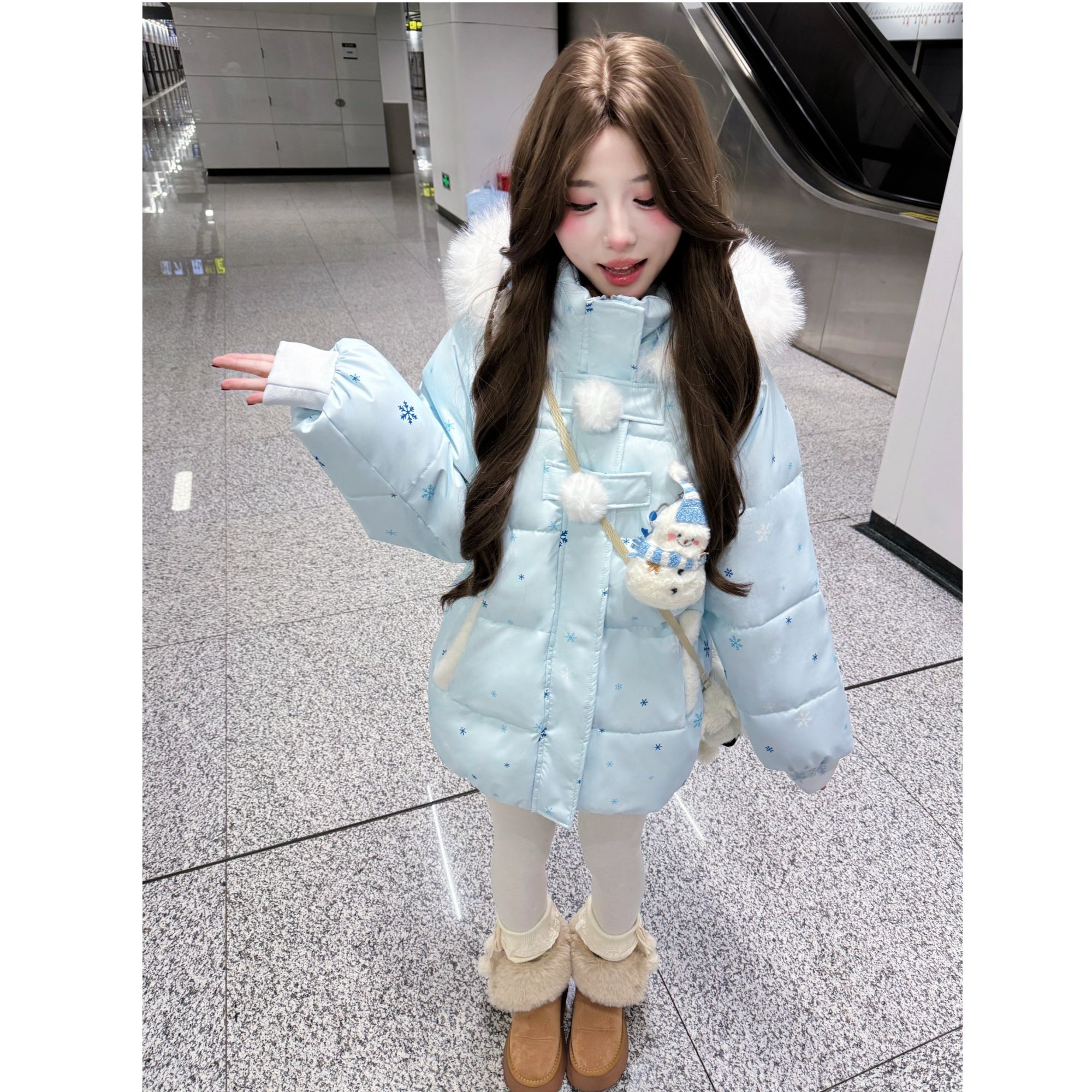 【带配饰】新款雪花可爱雪人魔术贴毛领连帽棉服女冬季软萌加厚棉衣