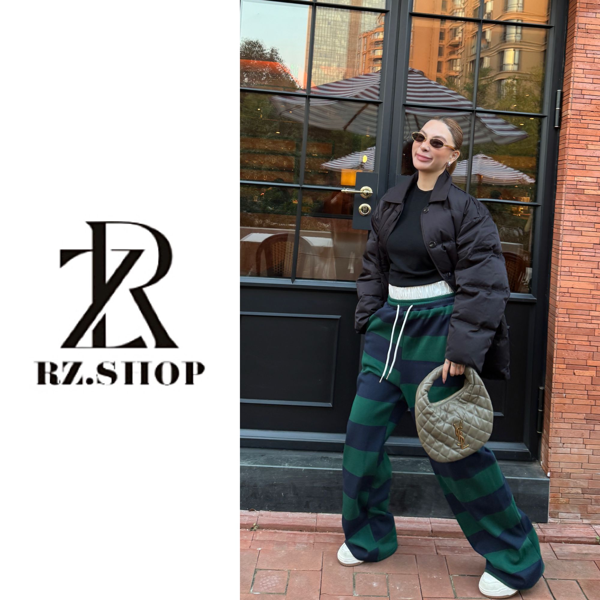 RZ定制款黑绿条纹加绒卫裤