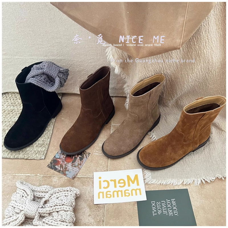 【幂式】NICE ME~3cm瘦瘦靴女秋冬2025款英伦风马丁靴圆头绒面短靴~