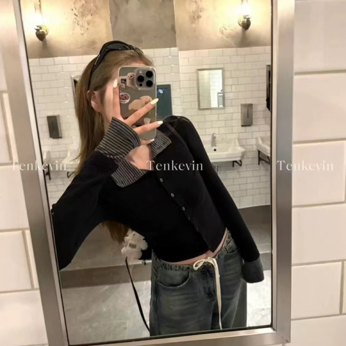 Kiki）条纹拼接假两件打底衫秋冬修身
