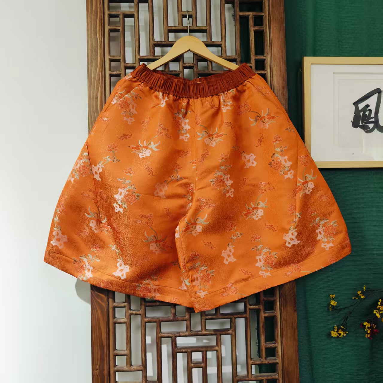 凤徕兮私人定制橘底小花暗纹全松紧六分裤（ LK135-9）单