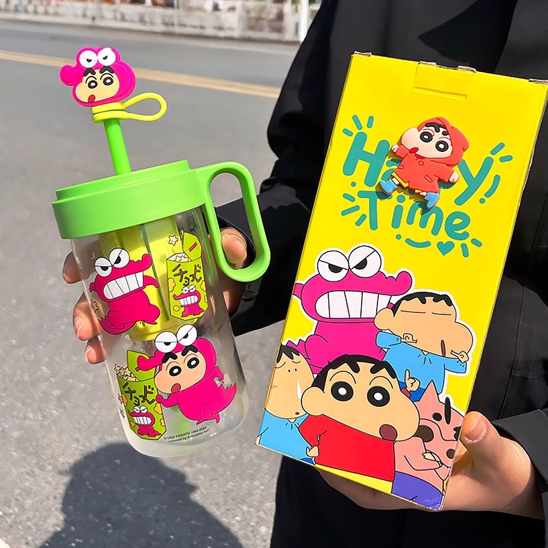 格非尔正版授权蜡笔小新防摔大容量高颜值耐高温玻璃吸管泡茶杯子