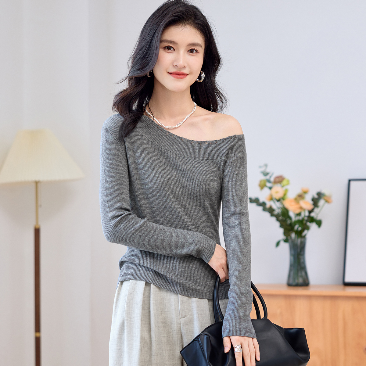 金菊 48支2股【绵羊毛】25秋冬新款简约一字领优雅气质女式羊毛衫