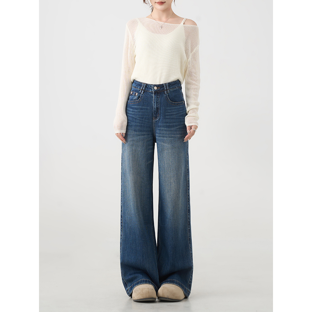 低弹牛仔阔腿裤女25年秋季新款猫须水洗复古宽松牛仔521010