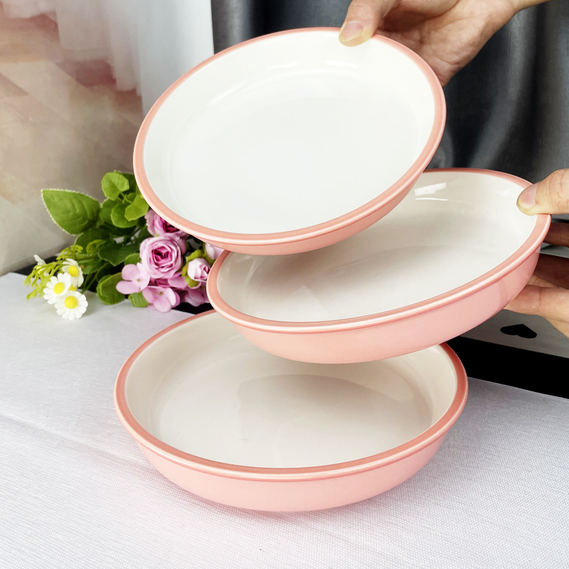 7英寸桃夭直深盘子家用陶瓷菜盘子中式粉色汤盆加深加厚