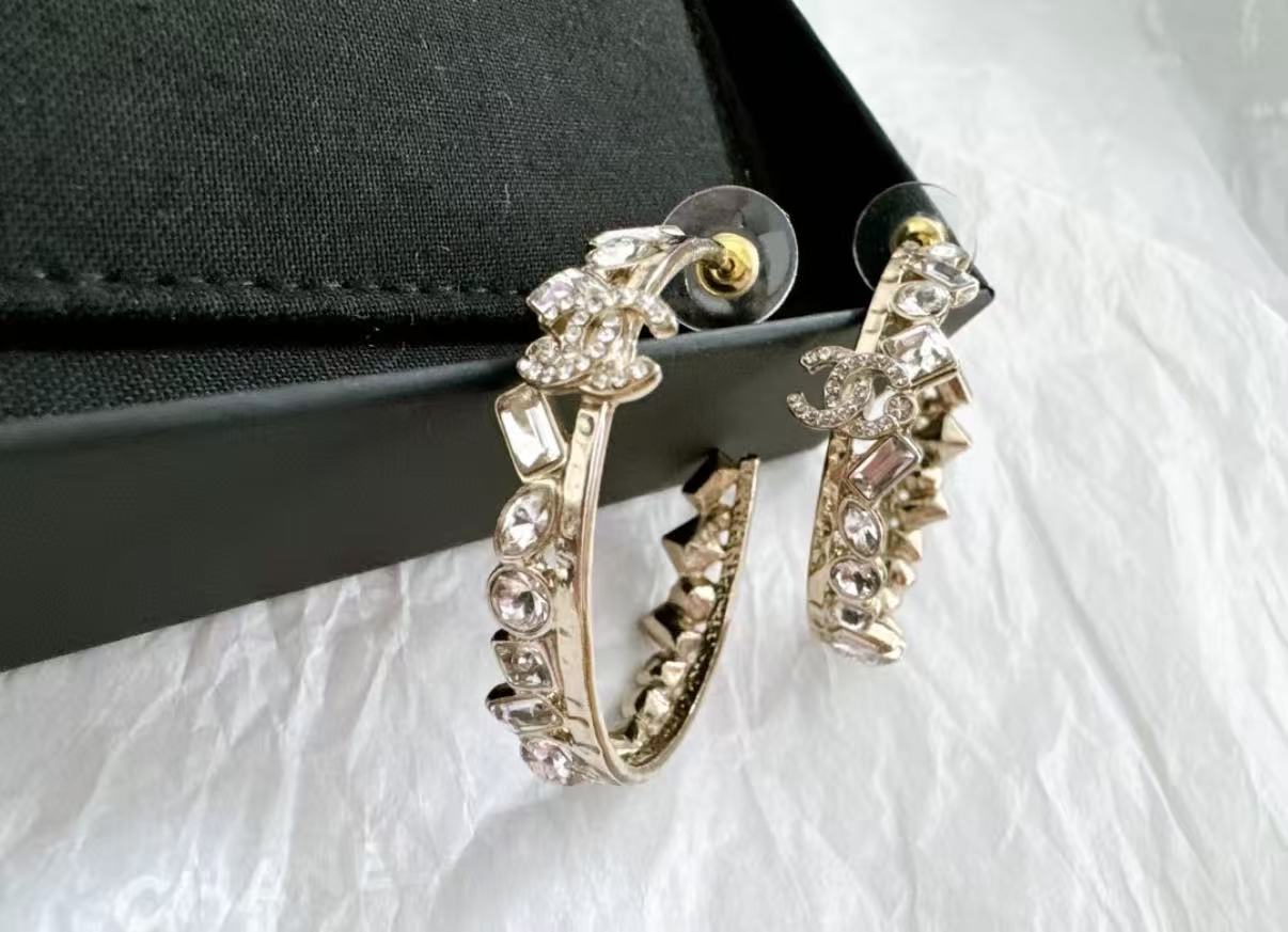 95新 Chanel/香奈儿 方糖水钻双C耳圈 17875033