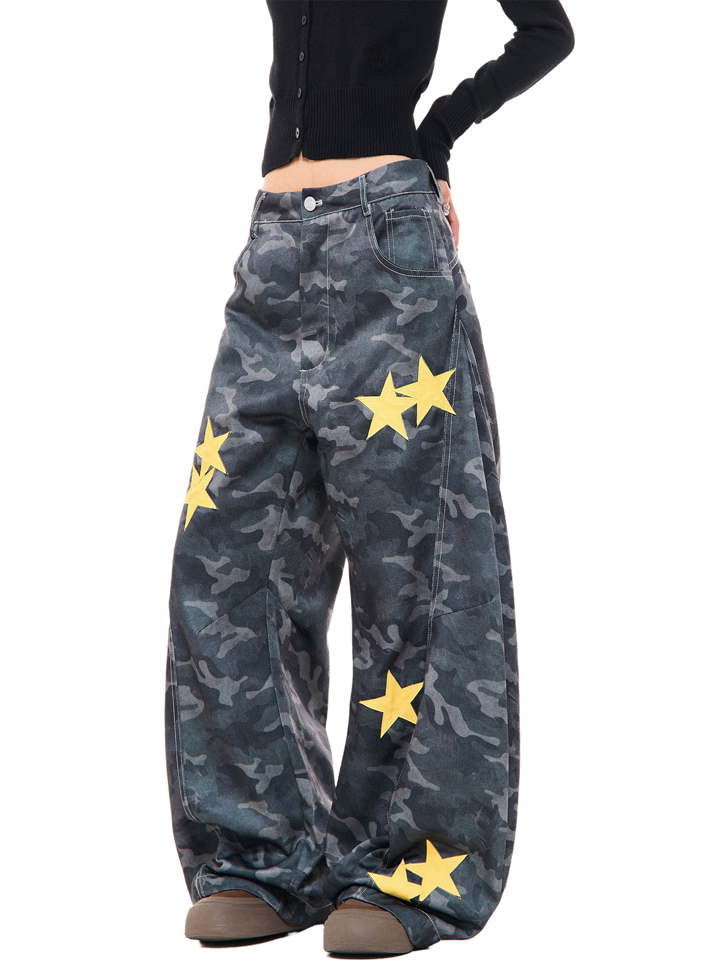 美式复古星星贴布绣迷彩弯刀牛仔裤女秋设计感宽松直筒阔腿工装裤